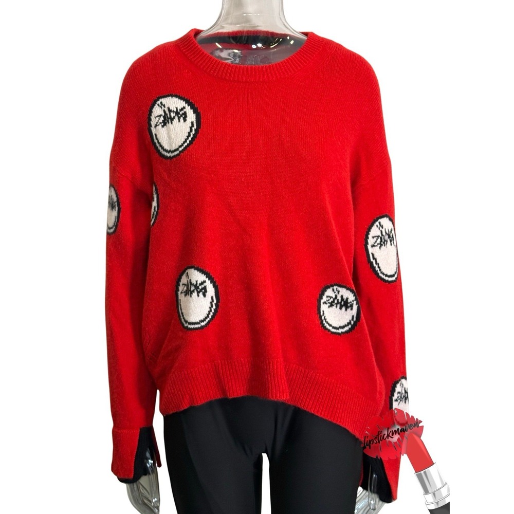 Zadig & Voltaire Markus Happy Cashmere Sweater Womens Large Red Smiley Designer